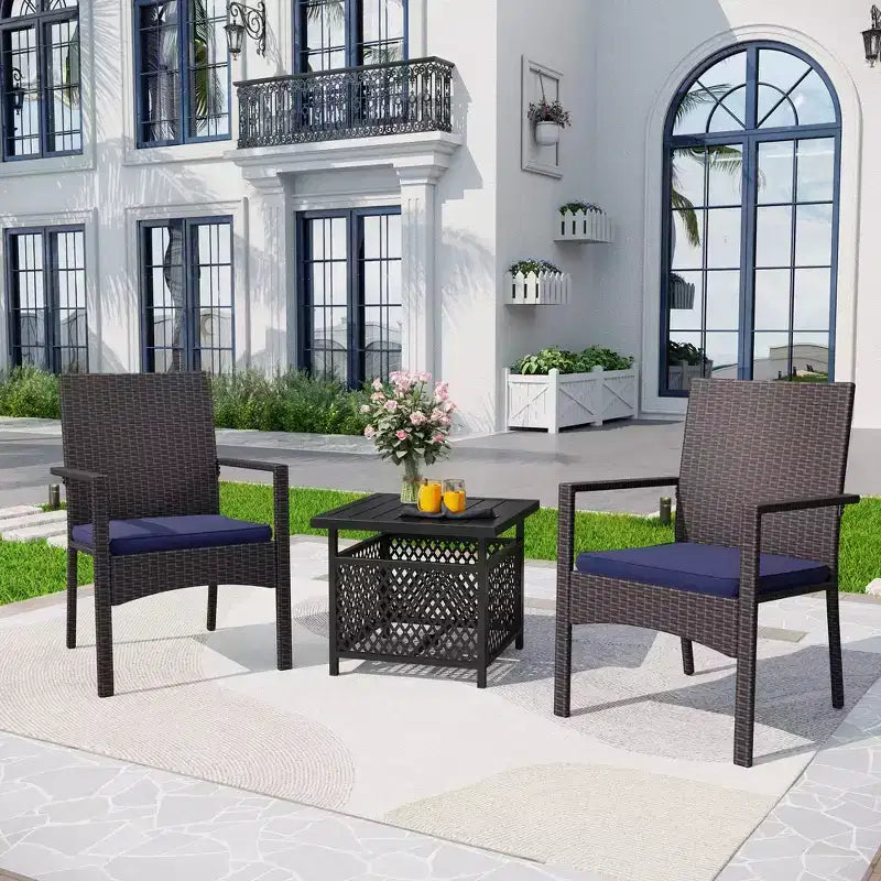Captiva Designs 3pc Outdoor Patio Slatted Tabletop Square Dining Steel Table & Arm Chairs