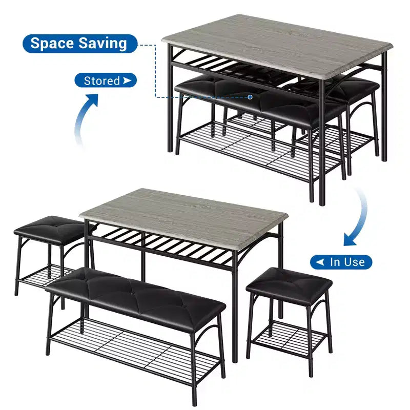 Matgrupp för 4 personer med stoppad bänk, fyrkantiga pallar och förvaringshyllor, matgrupp i metall och trä för kök eller matrum i liten lägenhet
