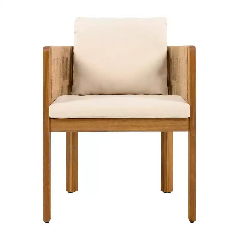 Christopher Knight Home Corin Elara 5-teiliges Essplatz-Set aus Akazienholz und geflochtenem Seil für die Terrasse mit Tisch mit Lattenplatte und Sitzpolstern
