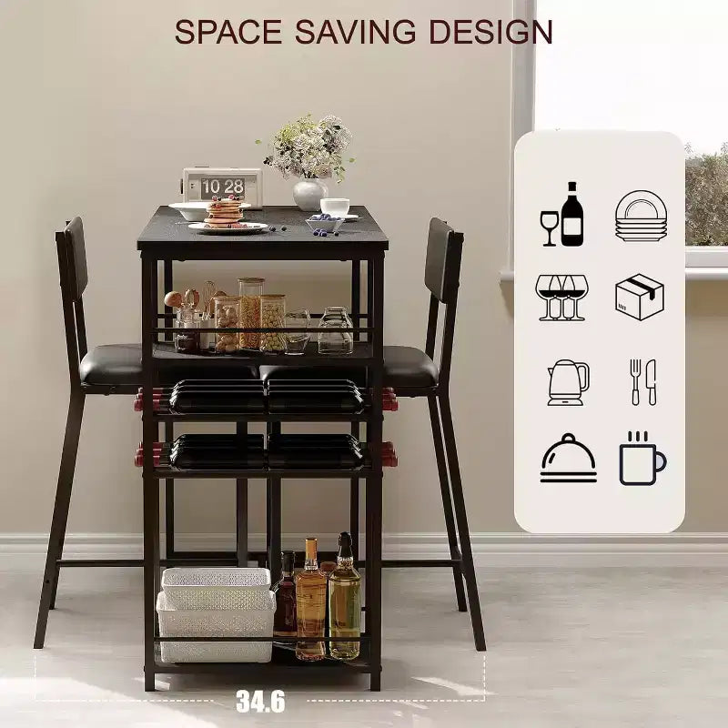 Fulvari eetset voor 2 personen met eettafel, open opbergplanken, bekerhouder en wijnrek, bartafel en stoel voor appartementen, keukenhoeken en kleine ruimtes