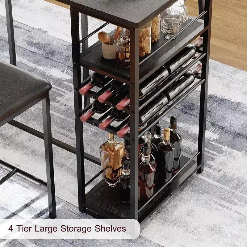 Fulvari eetset voor 2 personen met eettafel, open opbergplanken, bekerhouder en wijnrek, bartafel en stoel voor appartementen, keukenhoeken en kleine ruimtes