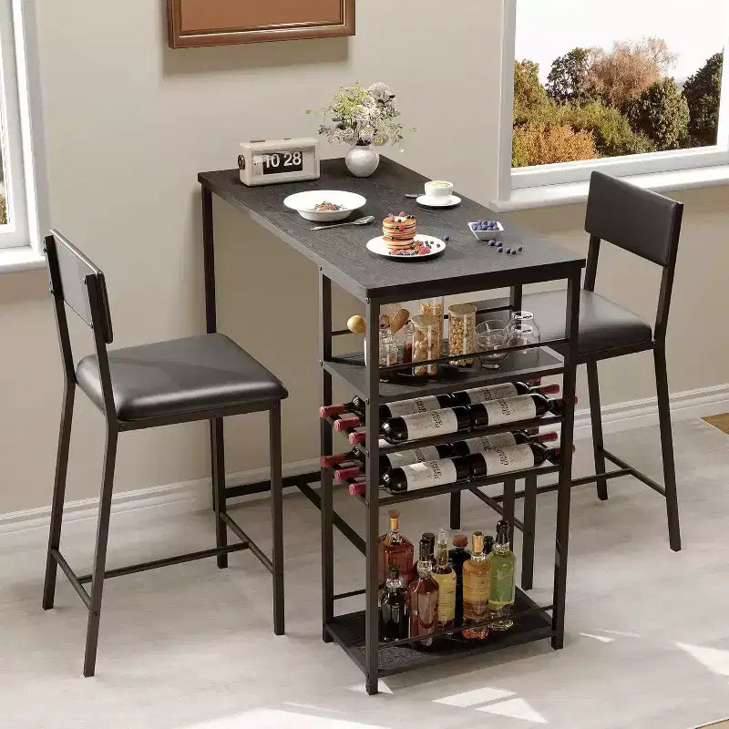 Fulvari eetset voor 2 personen met eettafel, open opbergplanken, bekerhouder en wijnrek, bartafel en stoel voor appartementen, keukenhoeken en kleine ruimtes