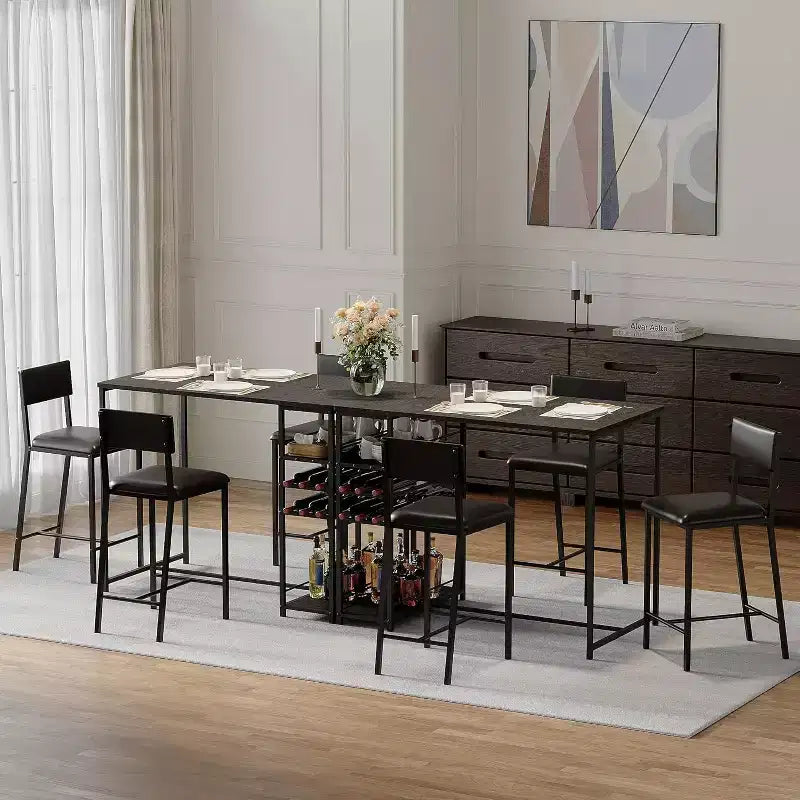 Fulvari eetset voor 2 personen met eettafel, open opbergplanken, bekerhouder en wijnrek, bartafel en stoel voor appartementen, keukenhoeken en kleine ruimtes