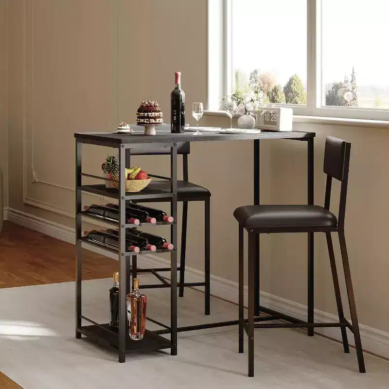 Fulvari eetset voor 2 personen met eettafel, open opbergplanken, bekerhouder en wijnrek, bartafel en stoel voor appartementen, keukenhoeken en kleine ruimtes