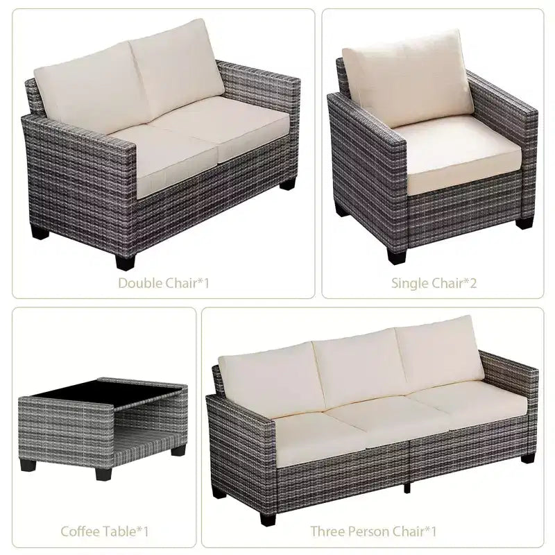 Patio Furniture Set, 5 Pieces Outdoor Sectional Sofa Set with Dining Table & Thickened Cushions - All-Weather PE Wicker
