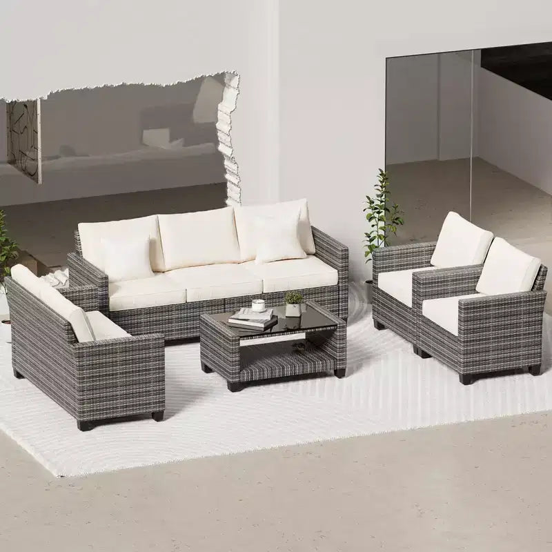 Patio Furniture Set, 5 Pieces Outdoor Sectional Sofa Set with Dining Table & Thickened Cushions - All-Weather PE Wicker