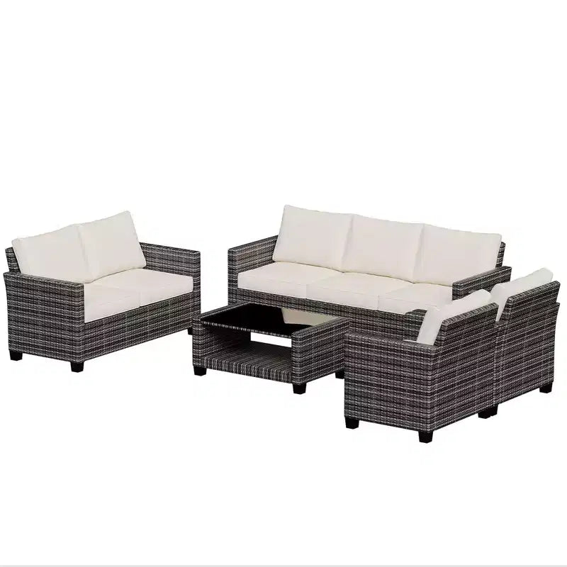 Patio Furniture Set, 5 Pieces Outdoor Sectional Sofa Set with Dining Table & Thickened Cushions - All-Weather PE Wicker
