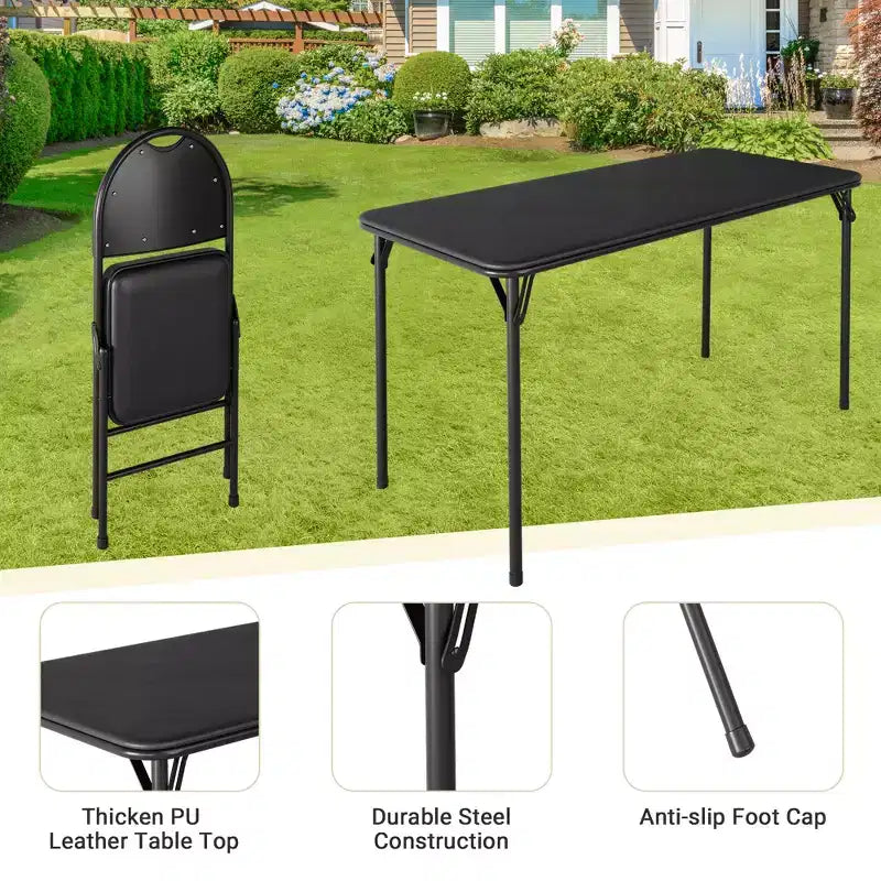 Folding Table and Chairs Set of 5, Rectangular Foldable Card Table Padded Tabletop, Folding Chairs 4 Pack Upholstery Cushion and Back, Metal Frame