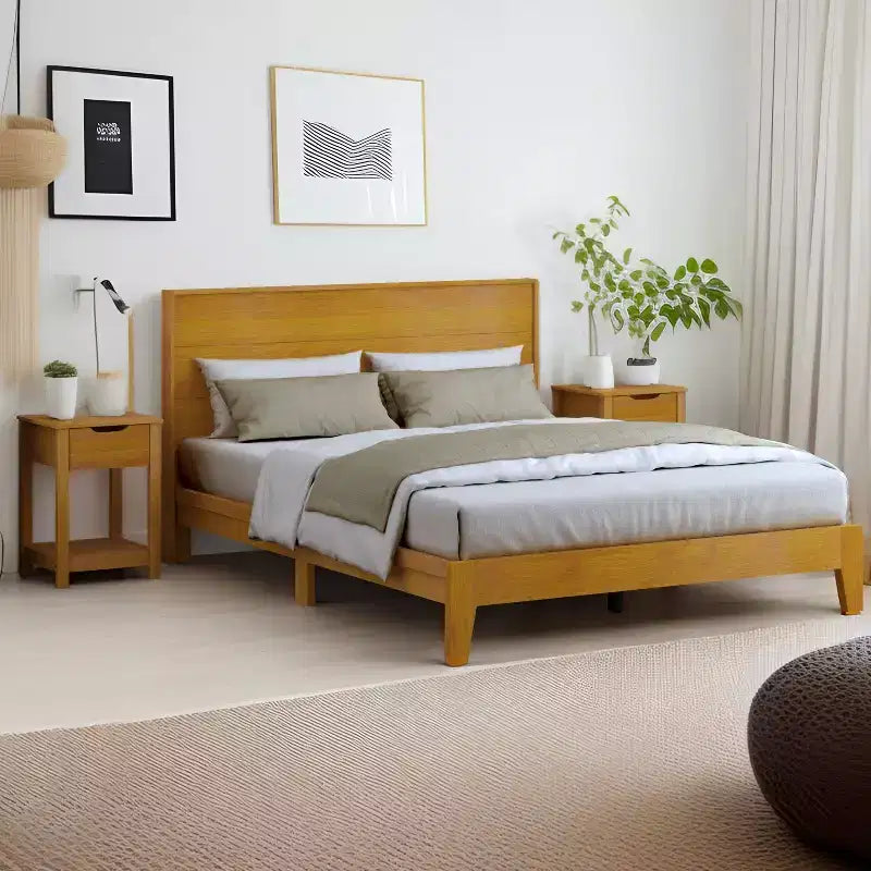 Galano Queen Payne Luxe Bed with Headboard & Elira 2-Drawer Nightstands, Set of 2  Amber Walnut