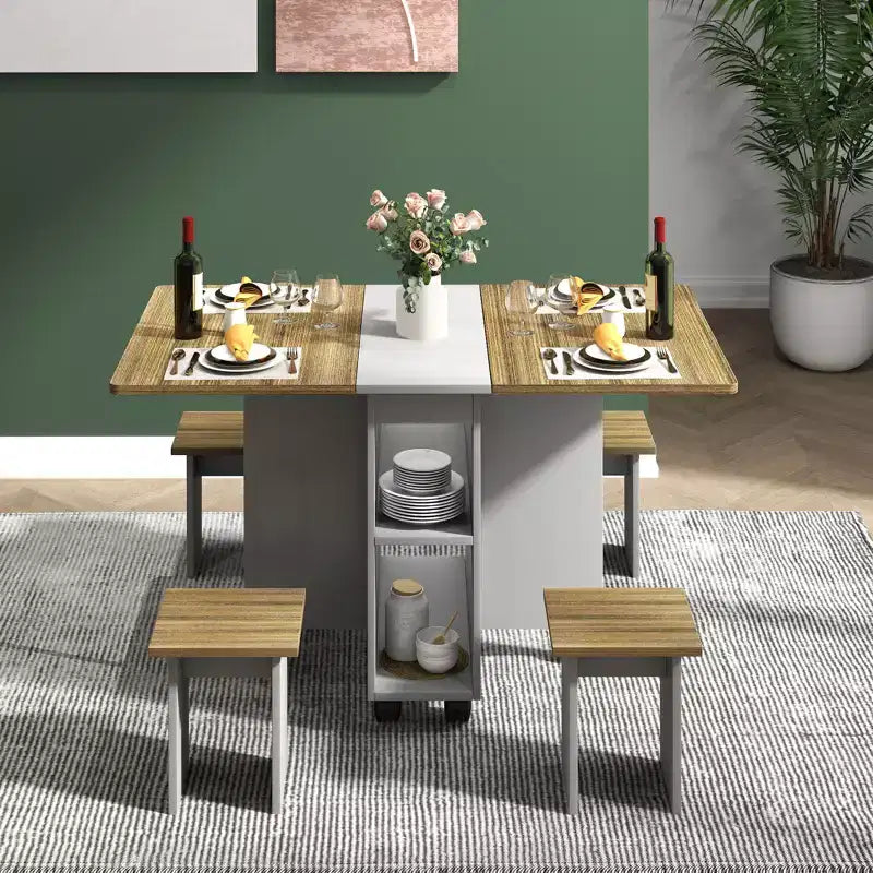 Zevemomo hopfällbart matbord med 4 stolar, förvaring och hjul, 5-delat hopfällbart köksbord för matsal, små utrymmen och lägenheter