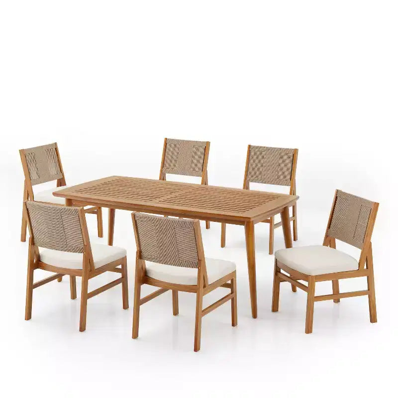 Conjunto de comedor rústico para patio de 7 piezas Christopher Knight Home Lucinda, de madera de acacia, con silla tejida de mimbre