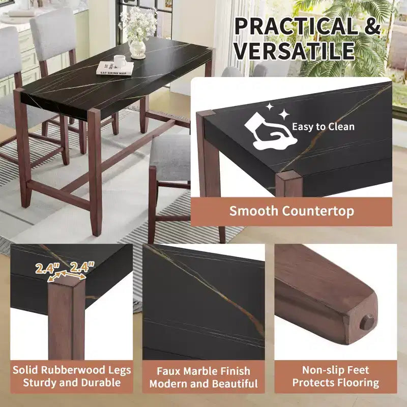 Bellemave 5-Piece Counter Height Dining Table Set, Faux Marble Bar Table and 4 Upholstered-Seat Chairs, for Dining Room, Pub Kitchen