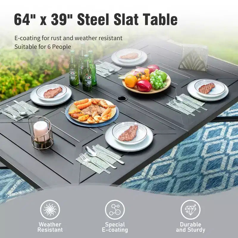 Captiva Designs 7-delars geometriskt mönstrad rektangulär matgrupp för uteplats med stålbord och fasta stolar med textilsits