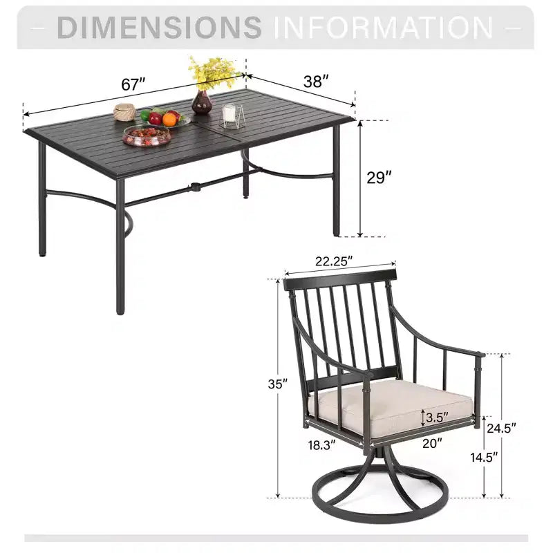 Captiva Designs 7-teiliges Garten-Ess-Set mit rechteckigem Stahltisch mit Lattenoberfläche und Sonnenschirmloch sowie stilvollen gepolsterten Metallstühlen