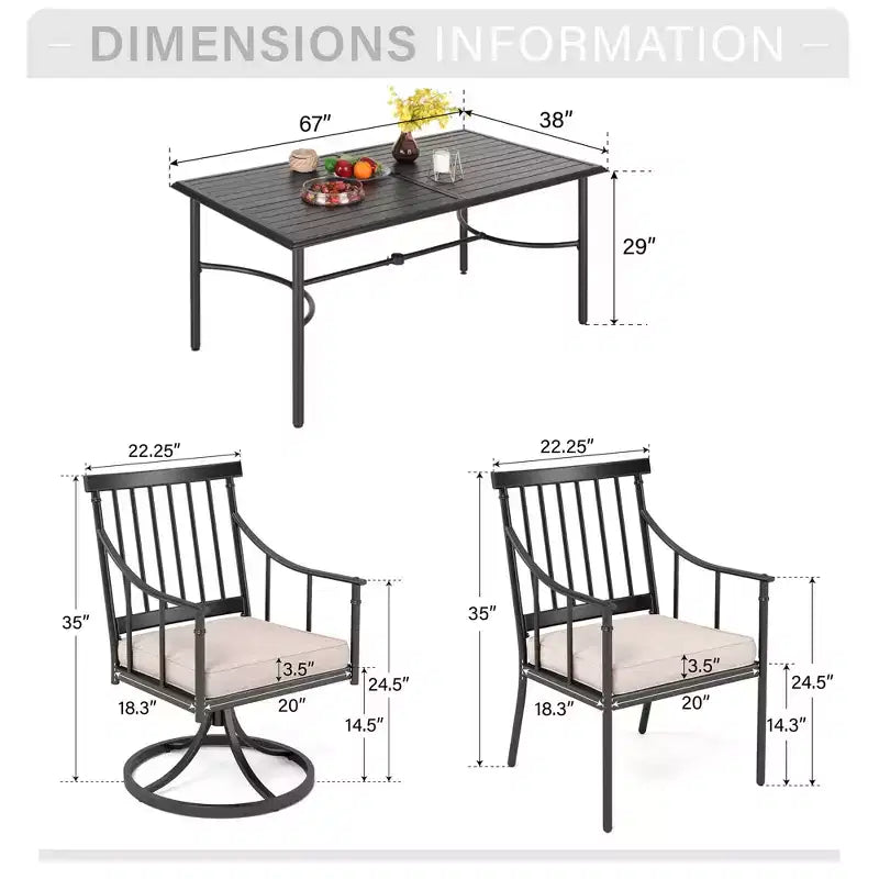 Captiva Designs 7-teiliges Garten-Ess-Set mit rechteckigem Stahltisch mit Lattenoberfläche und Sonnenschirmloch sowie stilvollen gepolsterten Metallstühlen
