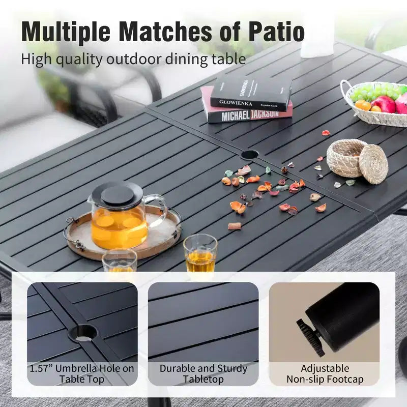 Captiva Designs 7-teiliges Garten-Ess-Set mit rechteckigem Stahltisch mit Lattenoberfläche und Sonnenschirmloch sowie stilvollen gepolsterten Metallstühlen