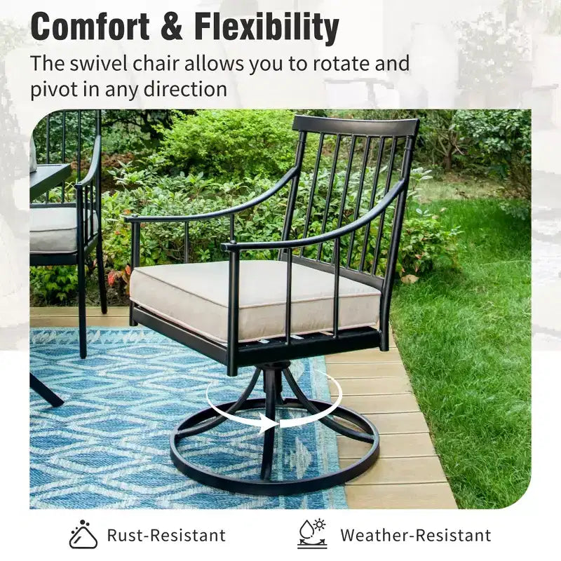 Captiva Designs 7-teiliges Garten-Ess-Set mit rechteckigem Stahltisch mit Lattenoberfläche und Sonnenschirmloch sowie stilvollen gepolsterten Metallstühlen