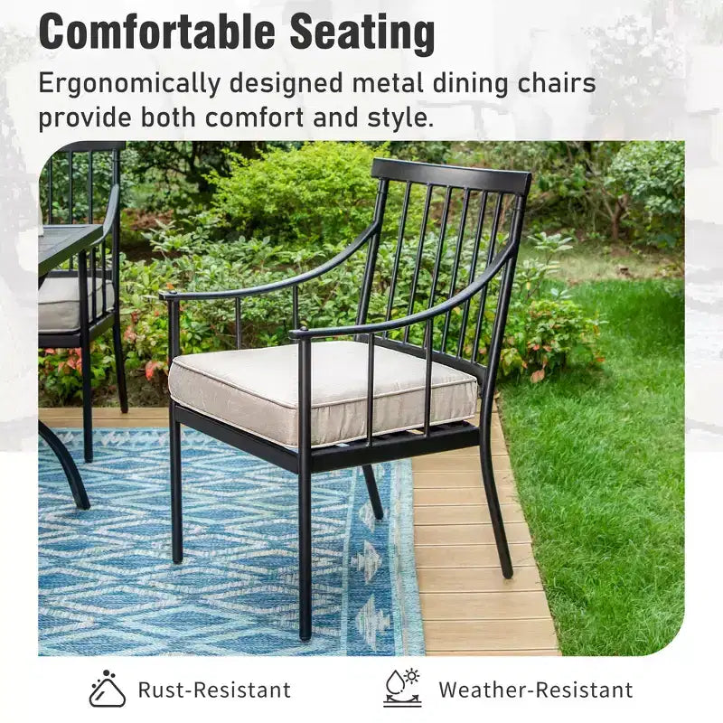 Captiva Designs 7-teiliges Garten-Ess-Set mit rechteckigem Stahltisch mit Lattenoberfläche und Sonnenschirmloch sowie stilvollen gepolsterten Metallstühlen