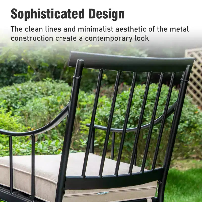 Captiva Designs 7-teiliges Garten-Ess-Set mit rechteckigem Stahltisch mit Lattenoberfläche und Sonnenschirmloch sowie stilvollen gepolsterten Metallstühlen