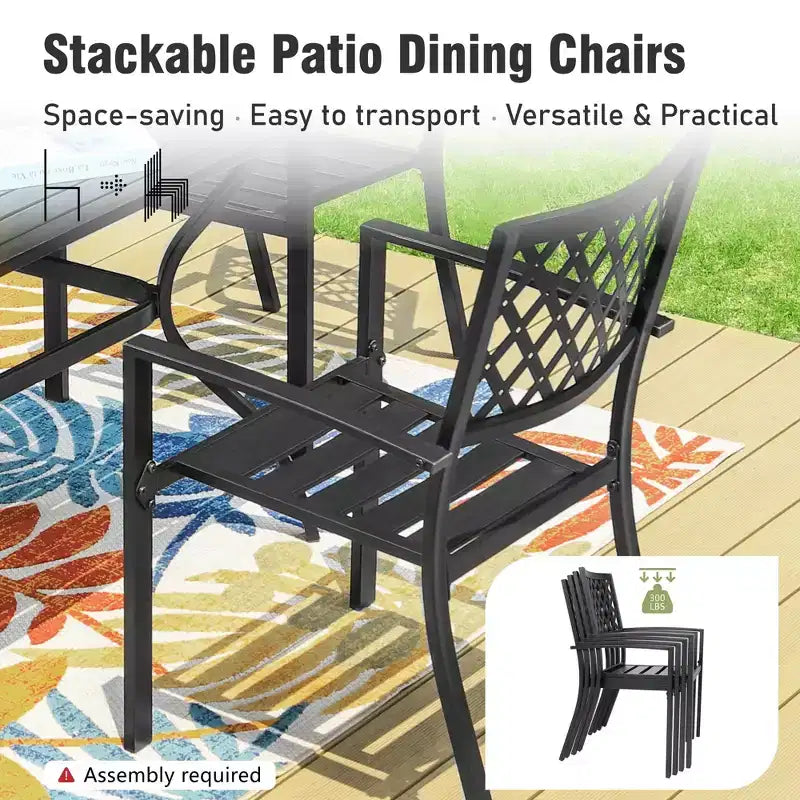 Captiva Designs 7-teiliges Terrassen-Esszimmertischset aus Stahl mit Lamellenplatte und Schirmloch sowie stilvollen Metallstühlen mit Rückenlehne