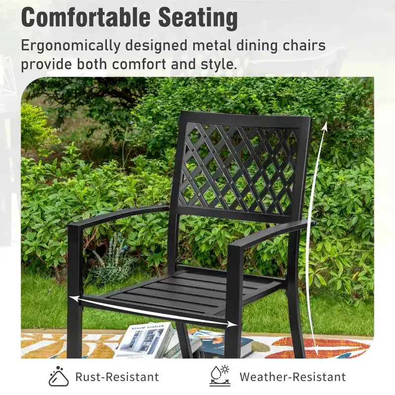 Captiva Designs 7-teiliges Terrassen-Esszimmertischset aus Stahl mit Lamellenplatte und Schirmloch sowie stilvollen Metallstühlen mit Rückenlehne