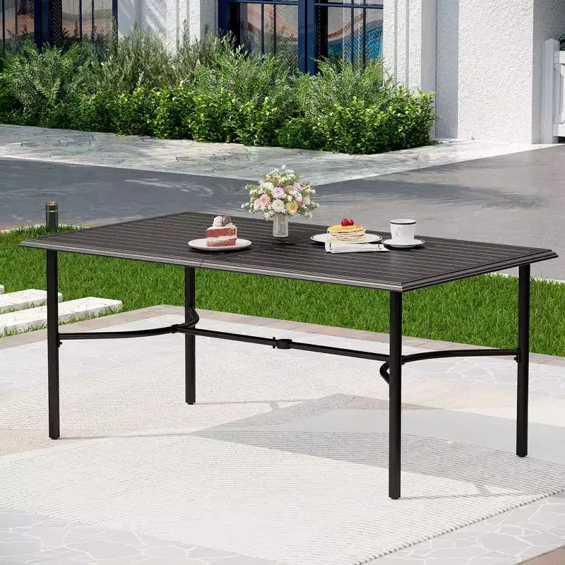 Captiva Designs 7-teiliges Terrassen-Esszimmertischset aus Stahl mit Lamellenplatte und Schirmloch sowie stilvollen Metallstühlen mit Rückenlehne