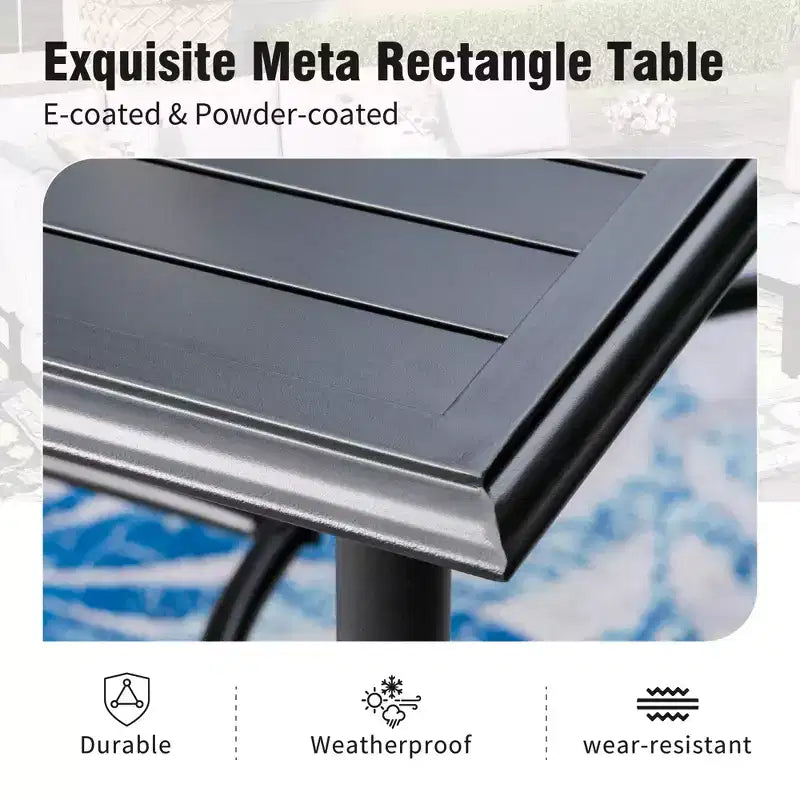 Captiva Designs 7-teiliges Terrassen-Esszimmertischset aus Stahl mit Lamellenplatte und Schirmloch sowie stilvollen Metallstühlen mit Rückenlehne