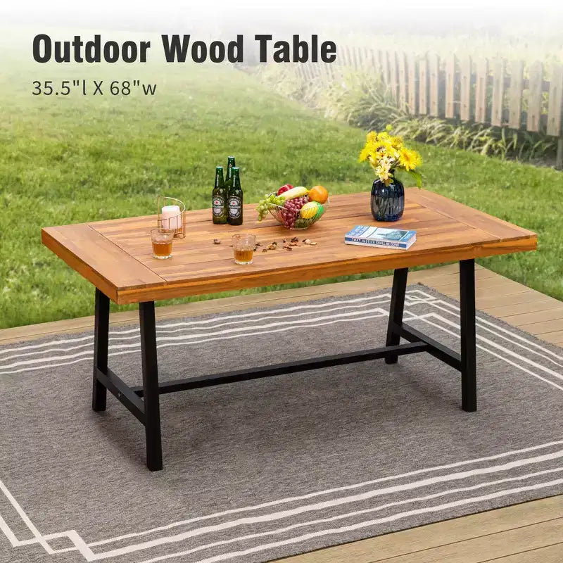Mesa de madera de acacia para comedor de patio de 7 piezas Captiva Designs, con tablero acabado al aceite y sillas de ratán