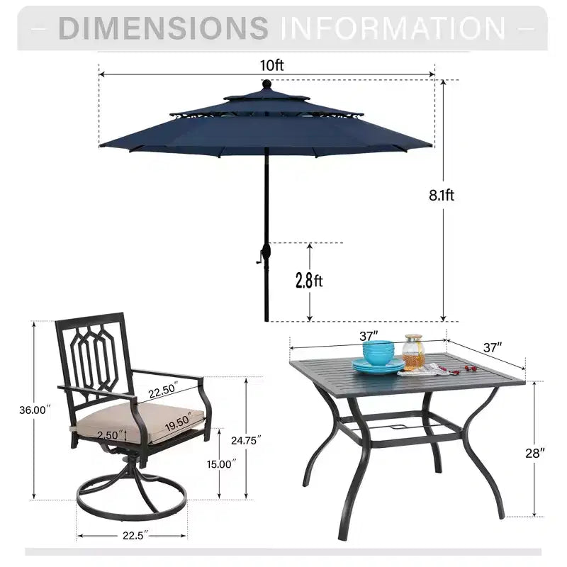 6-teiliges Outdoor-Terrassen-Set von Captiva Designs mit Esstisch aus Stahl, drehbaren Metallstühlen und Marktschirm