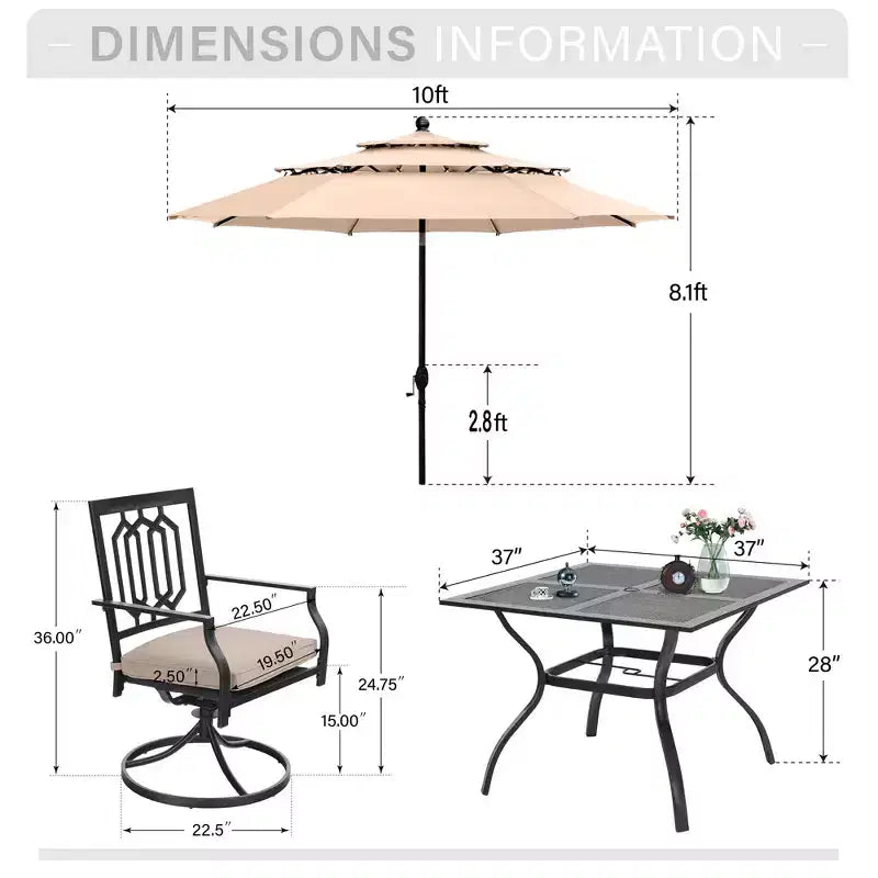 6-teiliges Outdoor-Terrassen-Set von Captiva Designs mit Esstisch aus Stahl, drehbaren Metallstühlen und Marktschirm