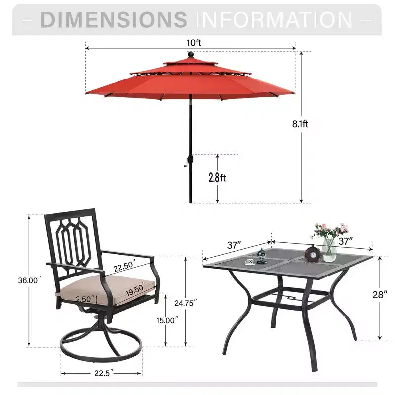 6-teiliges Outdoor-Terrassen-Set von Captiva Designs mit Esstisch aus Stahl, drehbaren Metallstühlen und Marktschirm