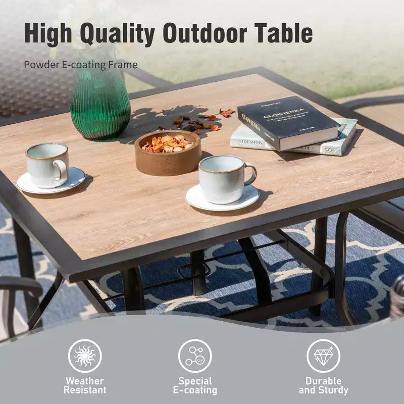 6-teiliges Outdoor-Terrassen-Set von Captiva Designs mit Esstisch aus Stahl, drehbaren Metallstühlen und Marktschirm