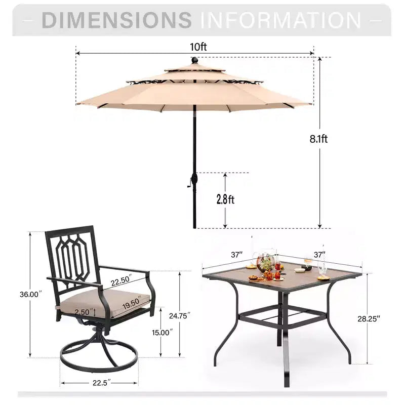 6-teiliges Outdoor-Terrassen-Set von Captiva Designs mit Esstisch aus Stahl, drehbaren Metallstühlen und Marktschirm