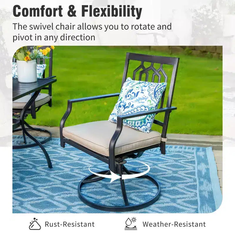 6-teiliges Outdoor-Terrassen-Set von Captiva Designs mit Esstisch aus Stahl, drehbaren Metallstühlen und Marktschirm