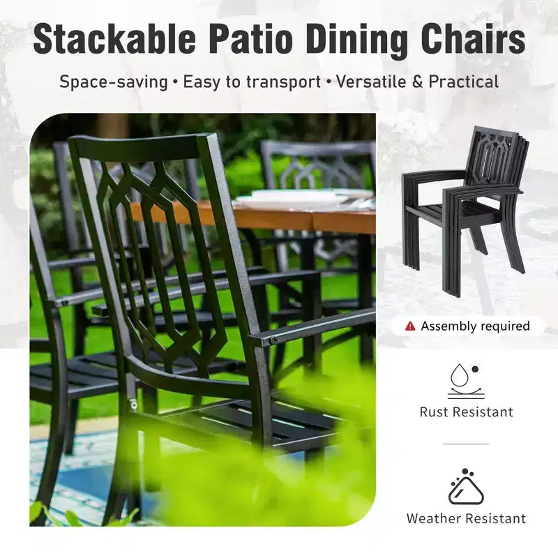 6-teiliges Outdoor-Terrassen-Set von Captiva Designs mit Esstisch aus Stahl, drehbaren Metallstühlen und Marktschirm