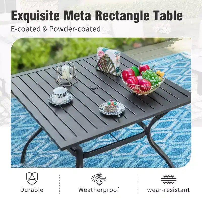 6-teiliges Outdoor-Terrassen-Set von Captiva Designs mit Esstisch aus Stahl, drehbaren Metallstühlen und Marktschirm