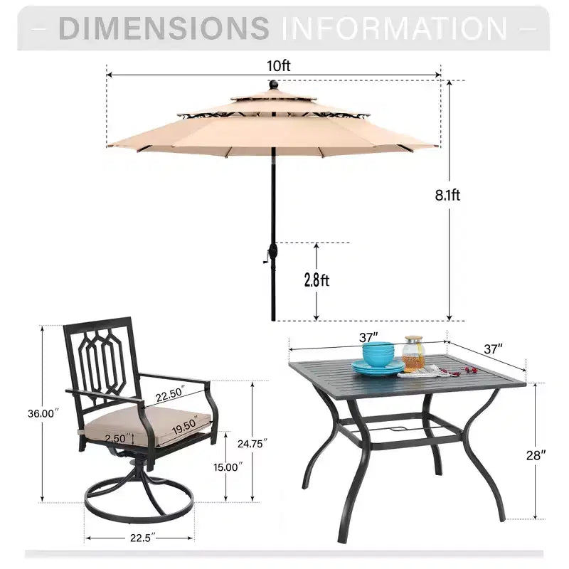 6-teiliges Outdoor-Terrassen-Set von Captiva Designs mit Esstisch aus Stahl, drehbaren Metallstühlen und Marktschirm