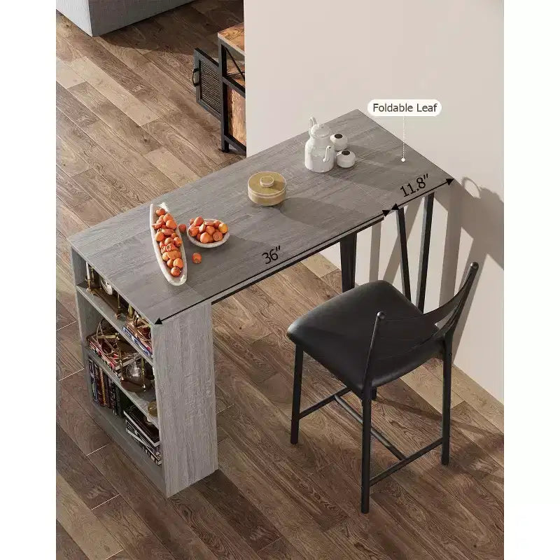 3 Piece Bar Table Set for 2, Bar Table and Chairs Set with with Flip Top Extension, Dining Table Set with Storage Shelves, Suitable for Small Space