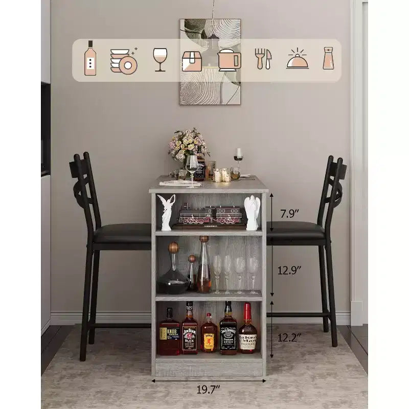 3 Piece Bar Table Set for 2, Bar Table and Chairs Set with with Flip Top Extension, Dining Table Set with Storage Shelves, Suitable for Small Space