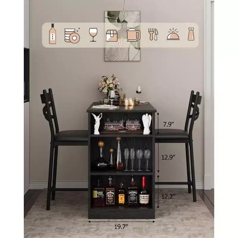 3 Piece Bar Table Set for 2, Bar Table and Chairs Set with with Flip Top Extension, Dining Table Set with Storage Shelves, Suitable for Small Space