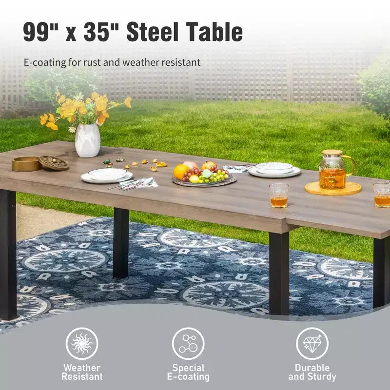 Mesa de comedor extensible de acero para patio exterior Captiva Designs de 9 piezas y sillas de ratán con brazos en forma de media luna