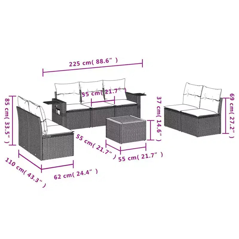 vidaXL Garden Sofa Set Black PE Rattan 8 Piece Set Modular