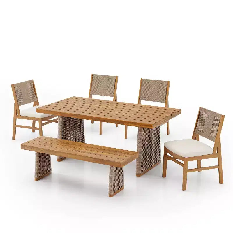 Set da pranzo da esterno rustico Mabel di Christopher Knight Home, 6 pezzi, in legno di acacia e rattan, con tavolo a doghe e cuscini