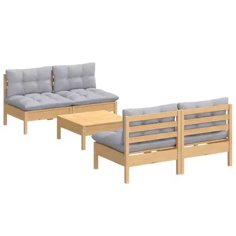 vidaXL 5-delige loungeset voor buiten met grijze kussens, grenenhout – bruin en grijs