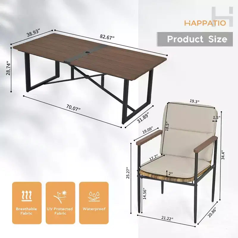 Ensemble repas de terrasse HAPPATIO de 9 pièces, 8 chaises en osier avec structure en aluminium et coussins en oléfine, table de repas en bois avec trou pour parasol, pour cour et porche