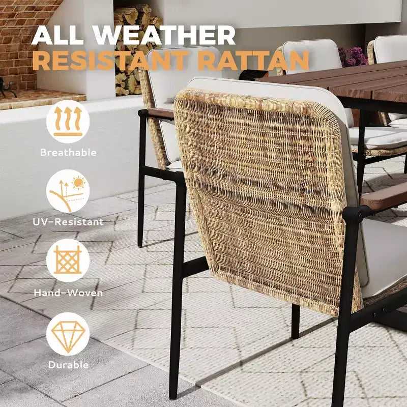 Ensemble repas de terrasse HAPPATIO de 9 pièces, 8 chaises en osier avec structure en aluminium et coussins en oléfine, table de repas en bois avec trou pour parasol, pour cour et porche