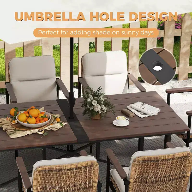 Ensemble repas de terrasse HAPPATIO de 9 pièces, 8 chaises en osier avec structure en aluminium et coussins en oléfine, table de repas en bois avec trou pour parasol, pour cour et porche