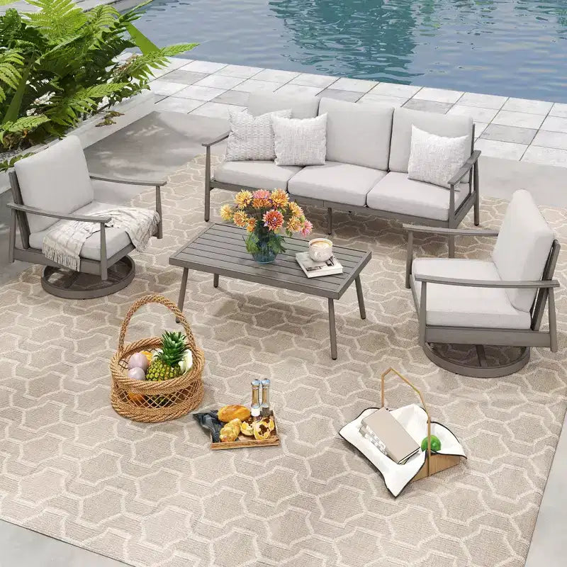 HAPPATIO Patio Outdoor Furniture Set,4 Piece Aluminum Patio Conversation Set with Coffee Table, Swivel Chairs and 3-Seat Sofa for Yard Deck Poolside