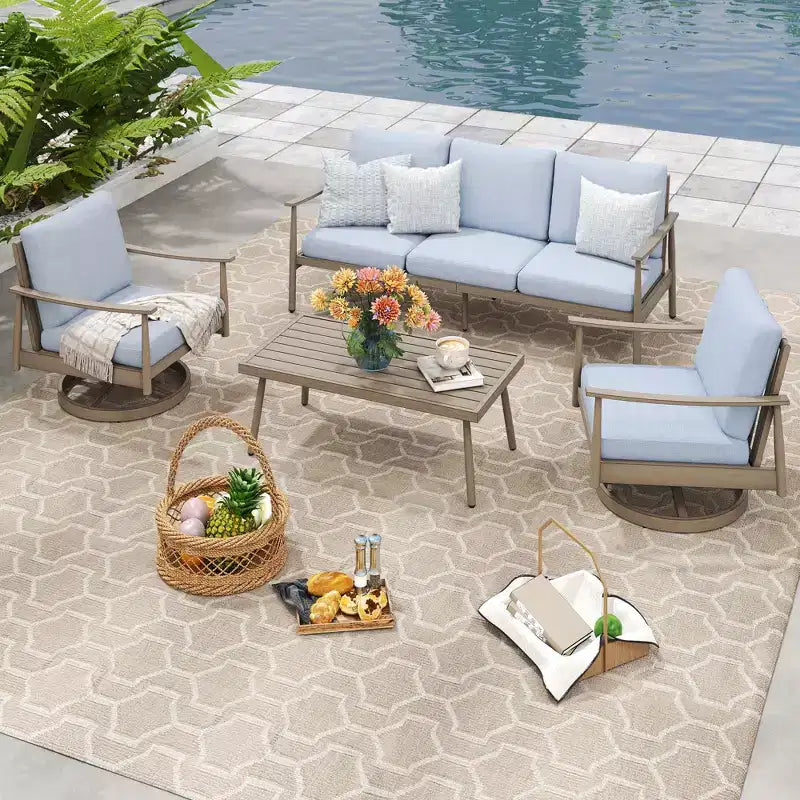 HAPPATIO Patio Outdoor Furniture Set,4 Piece Aluminum Patio Conversation Set with Coffee Table, Swivel Chairs and 3-Seat Sofa for Yard Deck Poolside