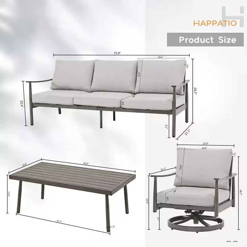 HAPPATIO Patio Outdoor Furniture Set,4 Piece Aluminum Patio Conversation Set with Coffee Table, Swivel Chairs and 3-Seat Sofa for Yard Deck Poolside